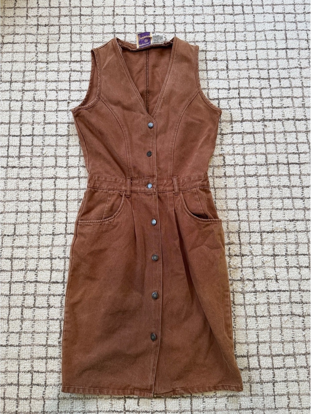 Vintage women’s Brown denim utility button up jumper dress western boho fall 90s